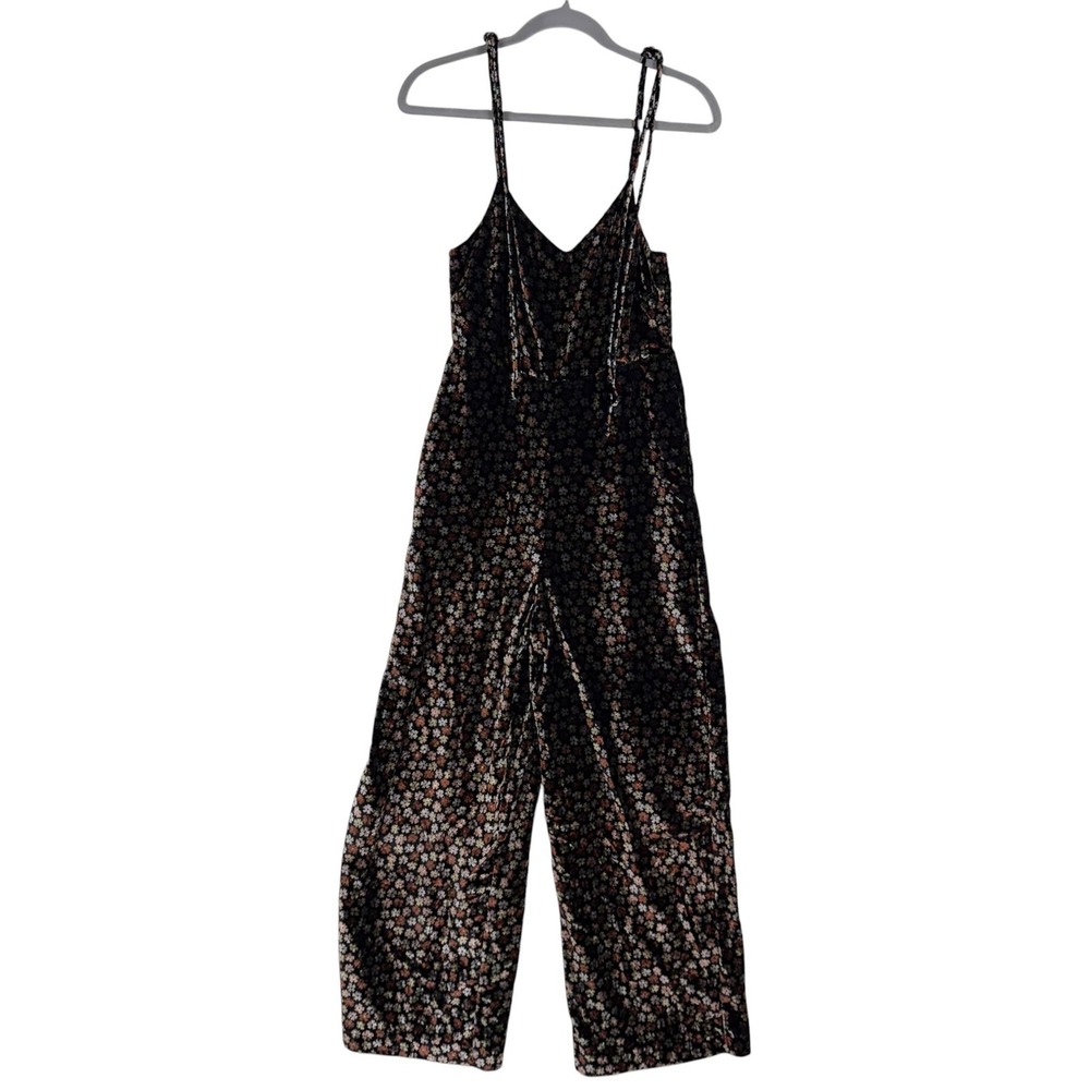 Madewell Jumpsuit Womens 00 Black Floral Velvet V Neck Wide Leg Spaghetti Strap